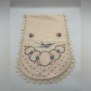 Vintage Hand-Embroidered Bird & Floral Table Runner - Cream